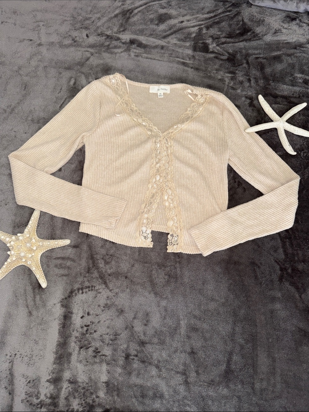 Aqua Lace-Trim Ribbed Cardigan - Cream